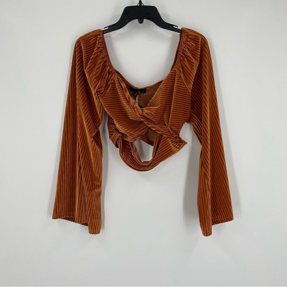 SBetro Women’s Long Flared Sleeve Brown Corduroy Twist Cut Out Front Cropped Top